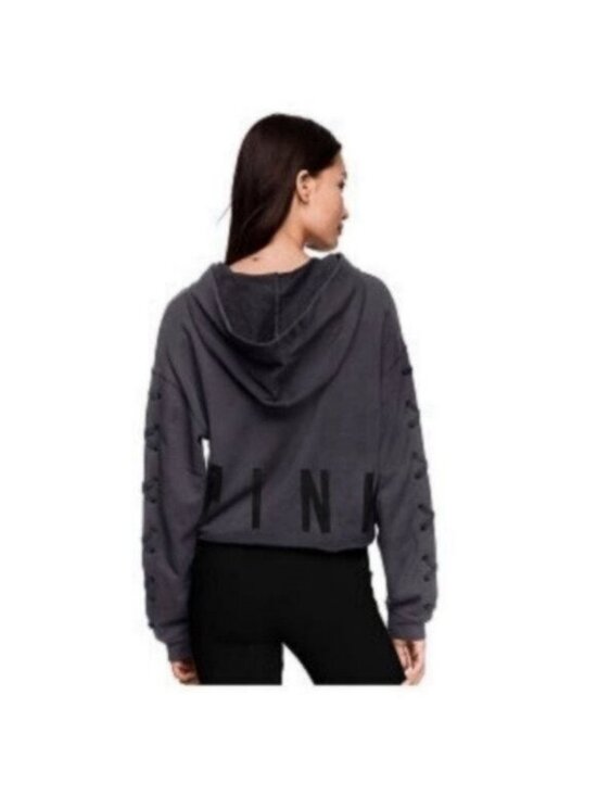 PINK Victoria's Secret Tops - Victoria's Secret PINK | Lace up Sleeve Cropped Hoodie Sweatshirt Gray